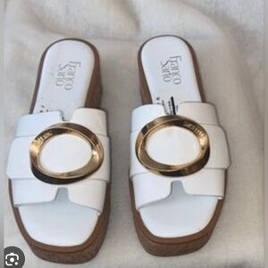 Size 9 Franco Sarto Hoda PlatformWhite Slide Mules with Gold Circular Accent